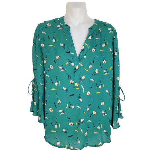 41 Hawthorn Womens Blouse Small Trina Bell Tie 3/4 Sleeve Green Floral V Neck - Picture 1 of 12